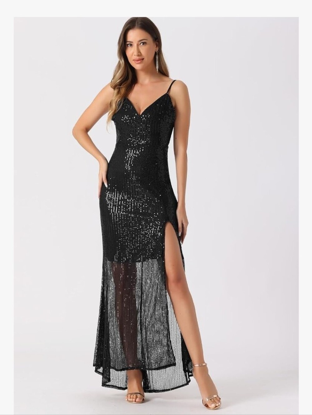 Allegra K Women's Sequin Evening Dress V Neck Spaghetti Straps Maxi Split Gown